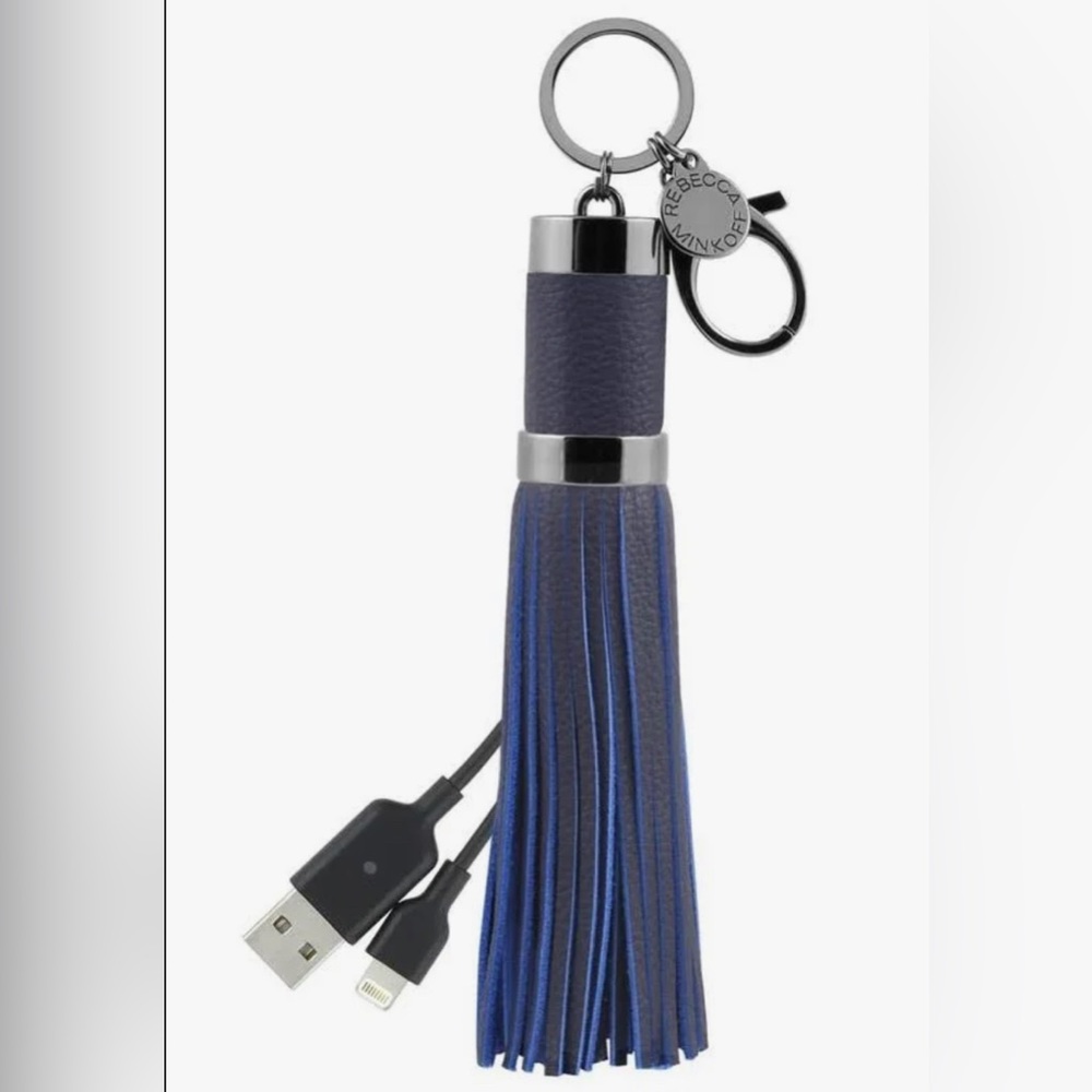 🆕 REBECCA MINKOFF — Blue Fringe Leather Charger Keychain
